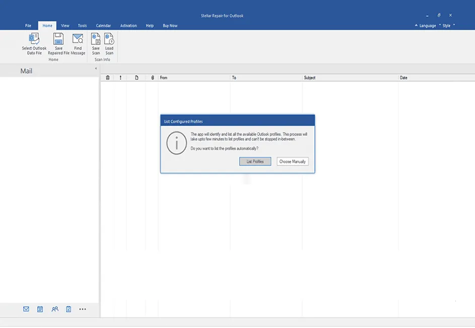 5_List Profiles auto-scans to find PST files linked to your Outlook profile, allowing you to select the desired file for repair.